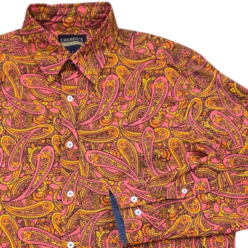 Cremieux Premium Denim Mens Large Paisley Button Up Shirt Pink Orange Flip Cuffs